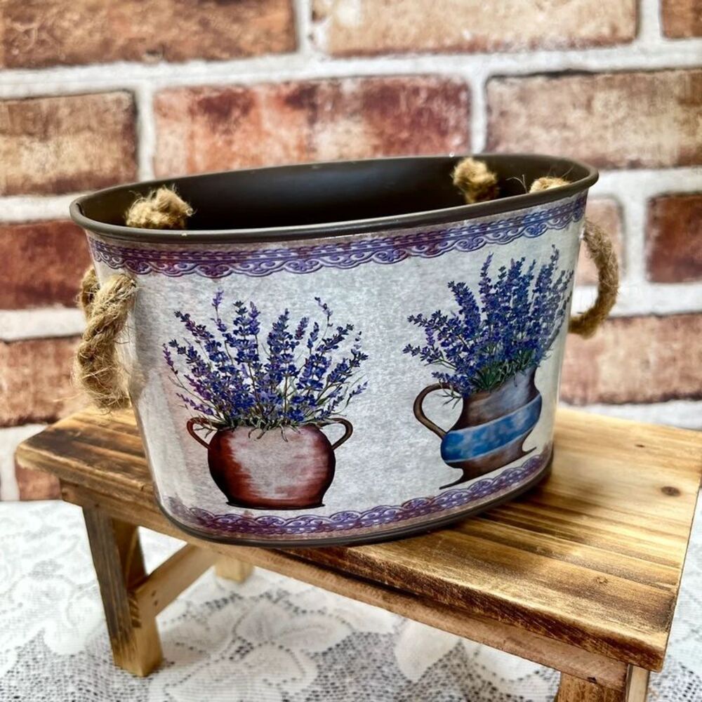 Rustic French Country Style Oval Metal Bucket Planter Lavender Floral & Rope Han